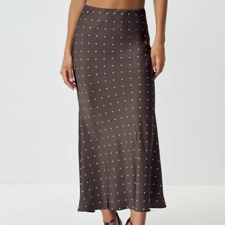 Ensemble jupe deux pièces en Satin imprimé à pois, chemise à manches longues à lacets + jupe mi-long