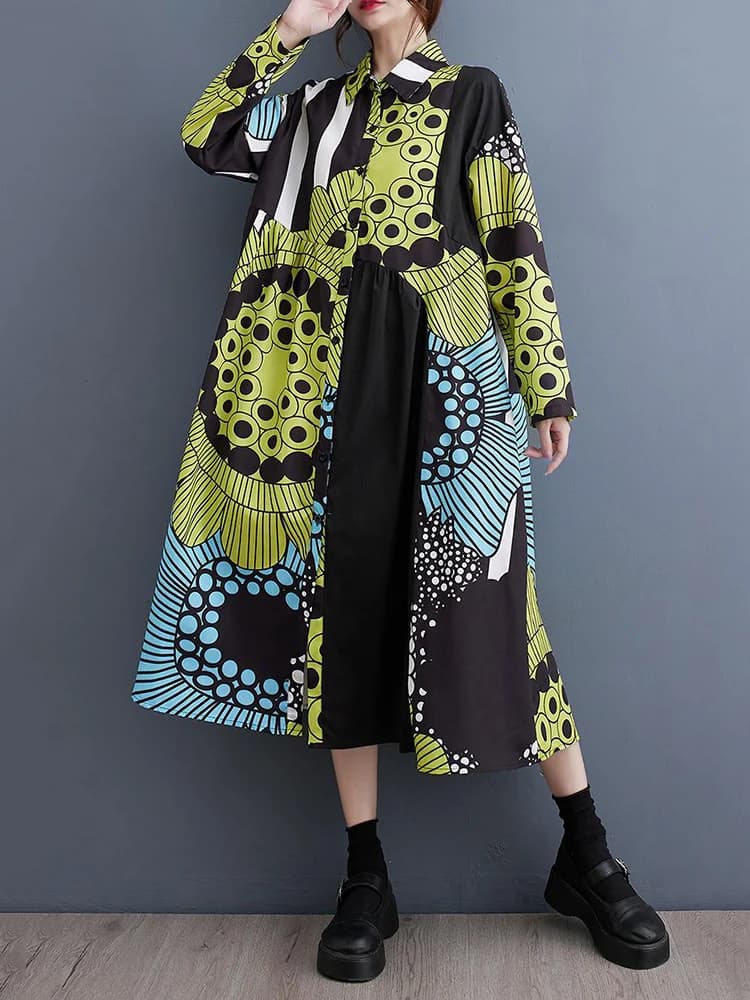 Robes chemises à manches longues à imprimé vintage pour femmes, nouvelle robe midi décontractée ampl