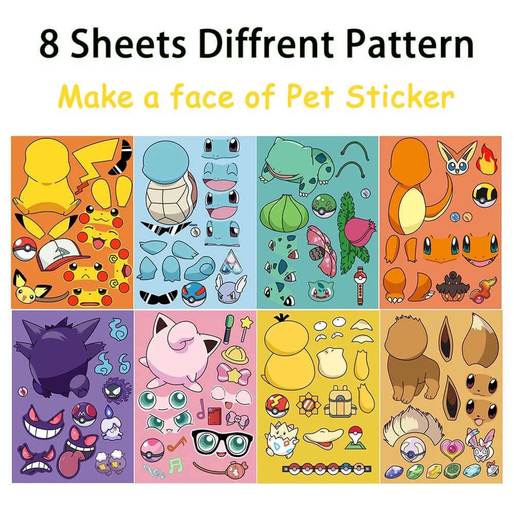 8/16 feuilles Pokemon Anime Pikachu Gengar Puzzle autocollants faire un visage enfants dessin animé 