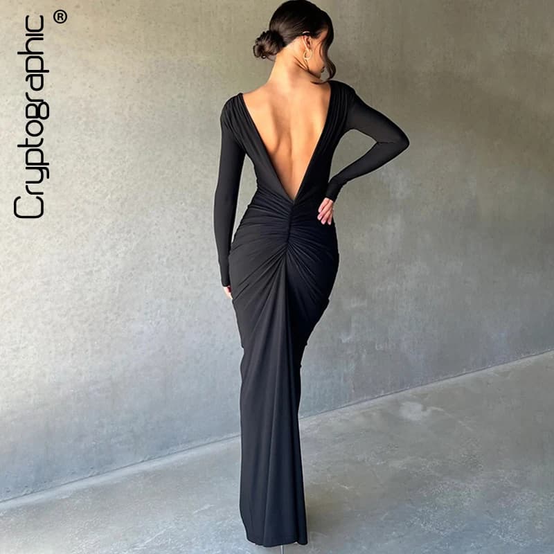 Cryptographic-Robe Maxi Froncée et Drapée en V Profond, Tenue Élégante en Tricot à Manches sulf, pou