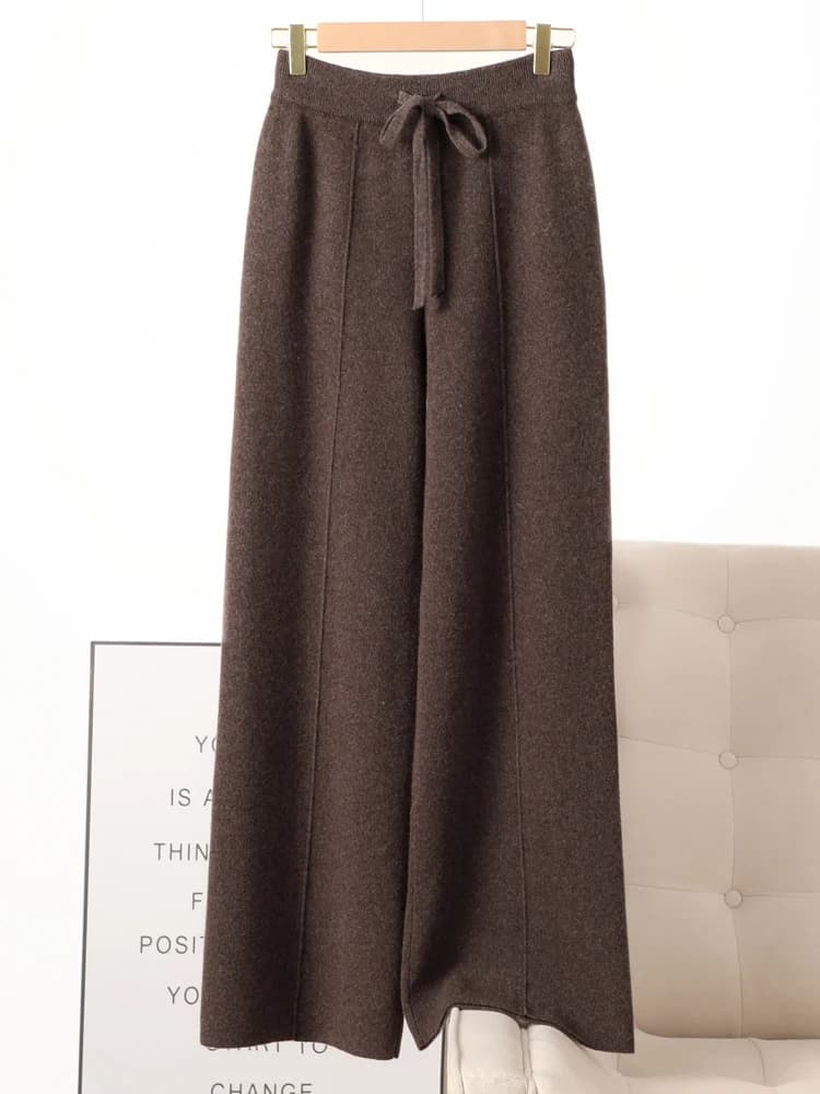 Pantalon tricoté en laine mérinos pour femme, jambes larges, basique, doux et chaud, en cachemire, d
