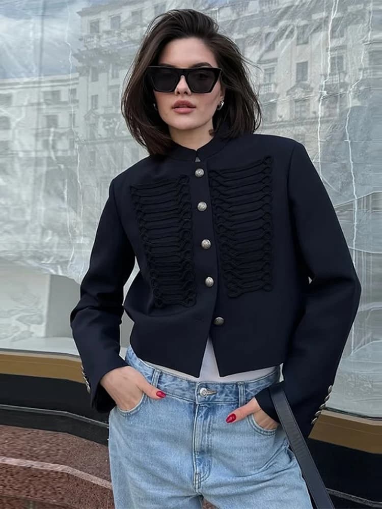 Veste Vintage Femme Col Montant Simple Boutonnage Manches Longues Style Napoléon Manteau Chic Haut d