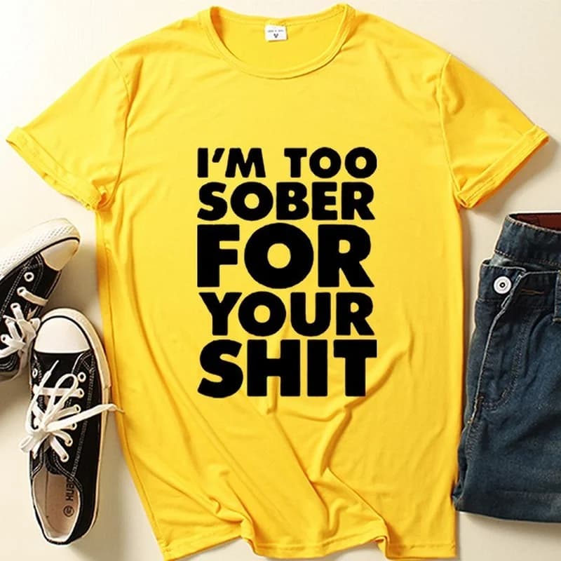 T-shirt manches courtes col rond femme, estival et humoristique avec lettres imprimées I'm Too Sober