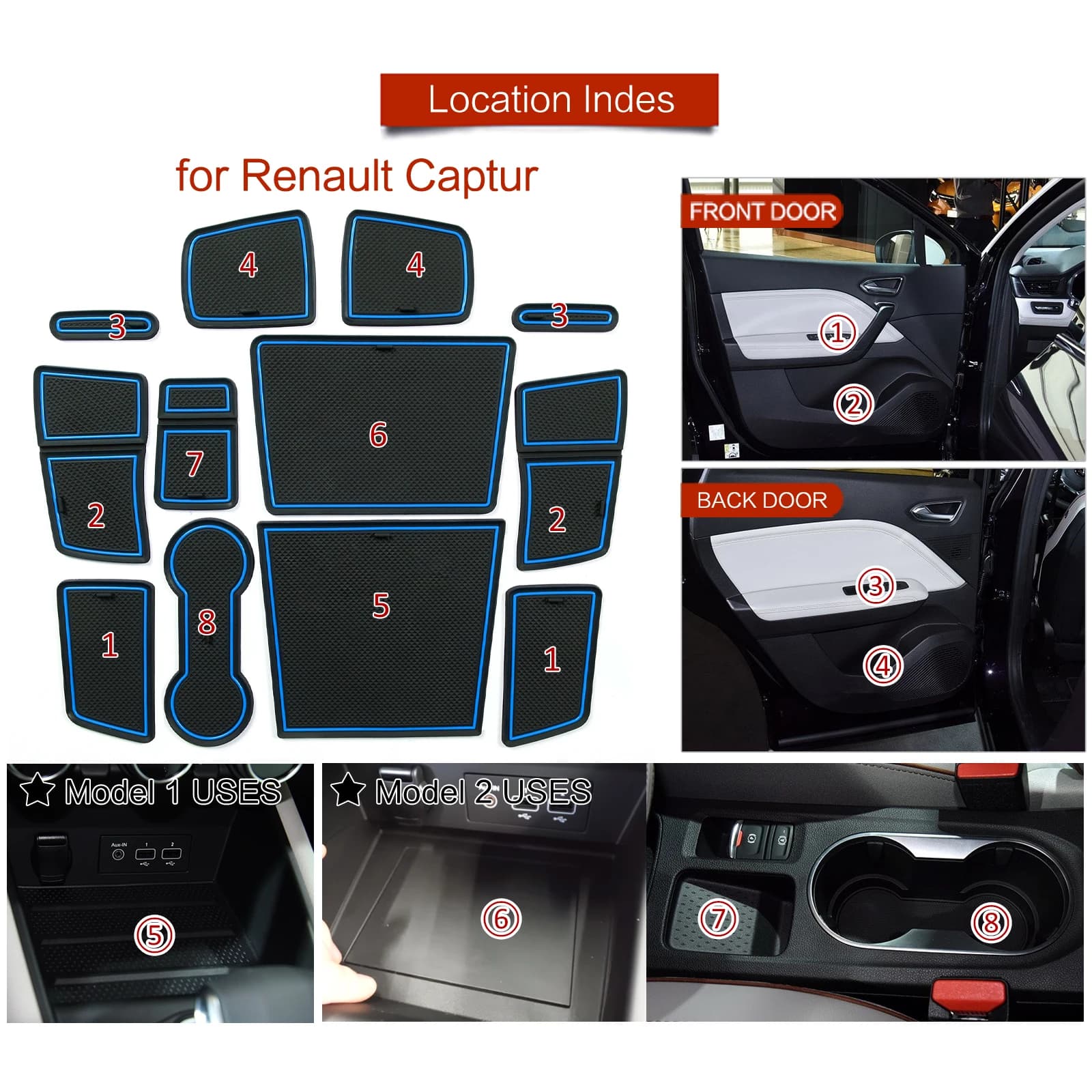 Tapis antidérapant pour fentes de porte et compartiments de rangement pour Renault Captur 2 (seuleme