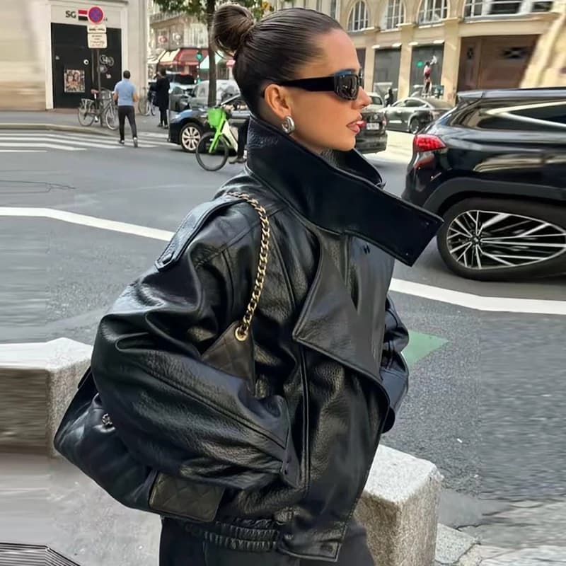 HXAO Faux cuir noir vestes pour femme nouveauté recadrée surdimensionné Bomber veste fermeture éclai