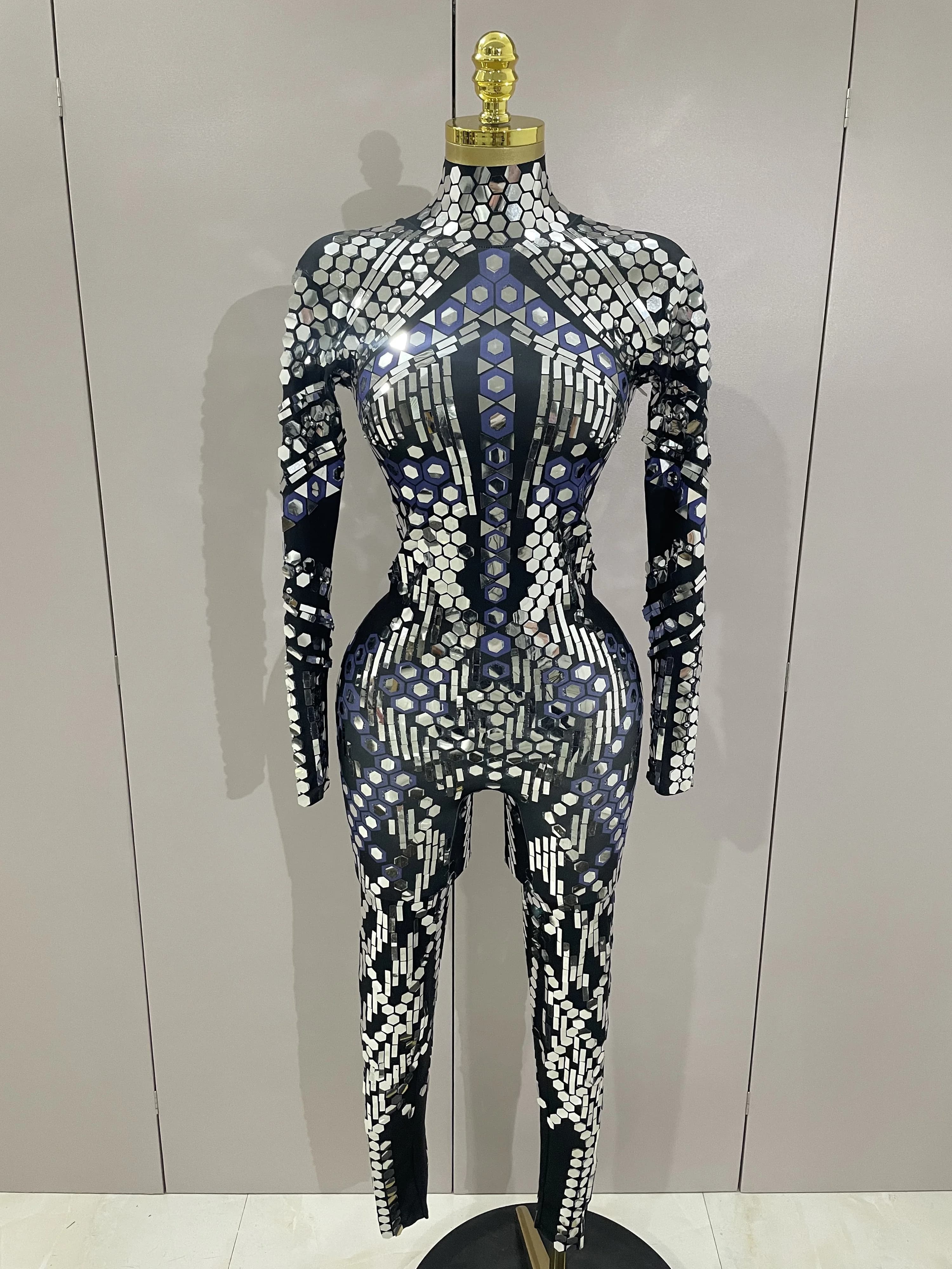 Combinaison Sexy en paillettes argentées brillantes, miroir noir, en Spandex, pour femmes, Costume d