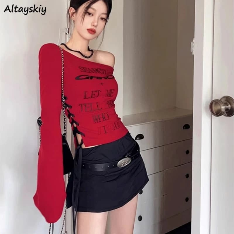 T-Shirts femmes épaule Oblique à lacets conception coupe ajustée tout-match doux Sexy filles mode co