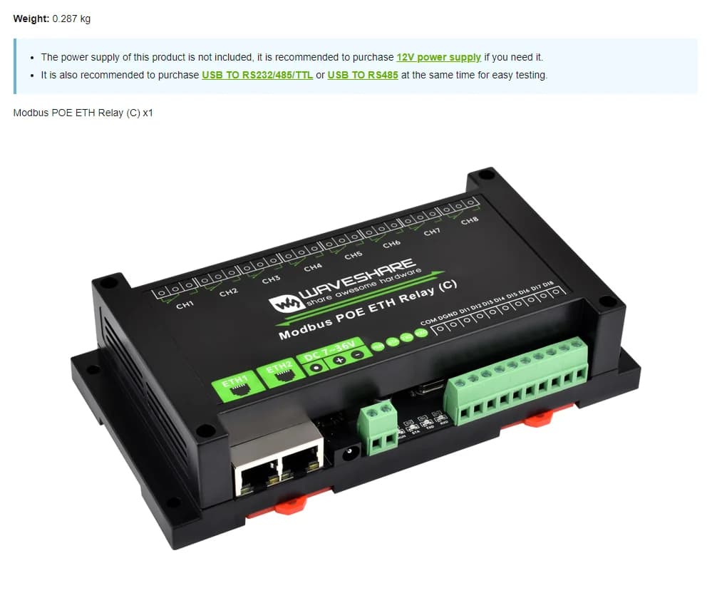 Module de relais 8 canaux à double port Ethernet (C), protocole Modbus RTU, alimentation PoE, avec d