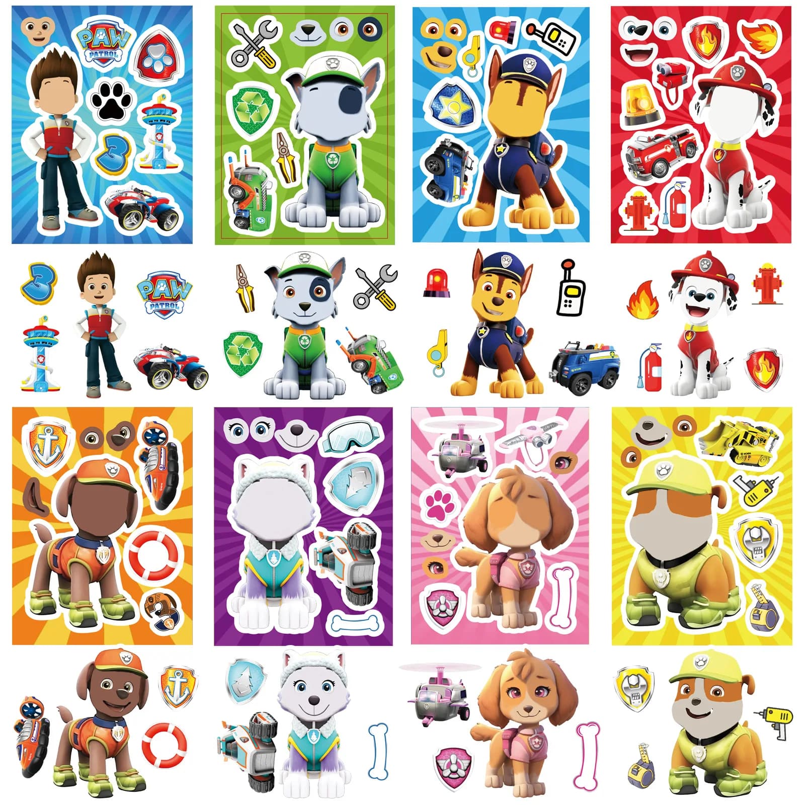 8/16 feuilles faire un visage patte patrouille Puzzle dessin animé autocollants bricolage Ryder Chas