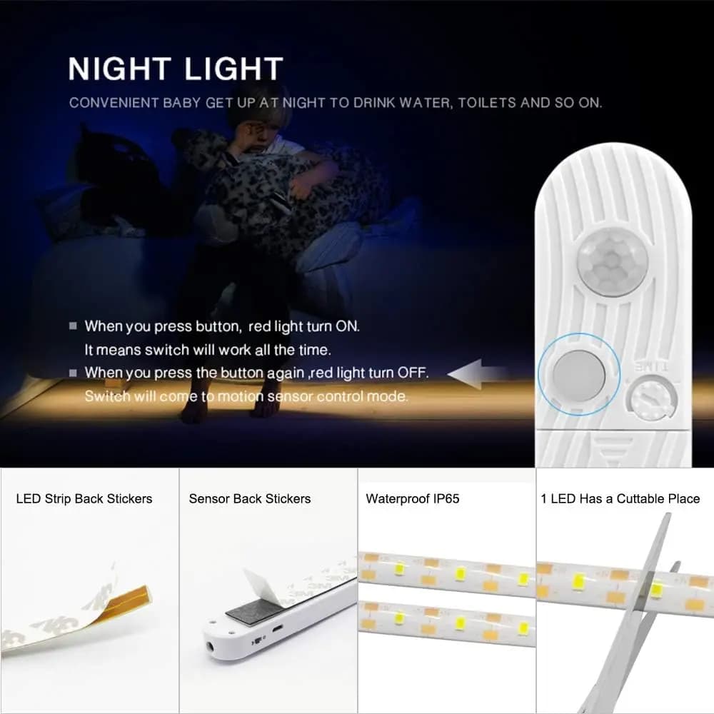 Bande Lumineuse LED avec Capteur de Mouvement PIR et Batterie de 5m, Veilleuse à Induction, Sous-meu