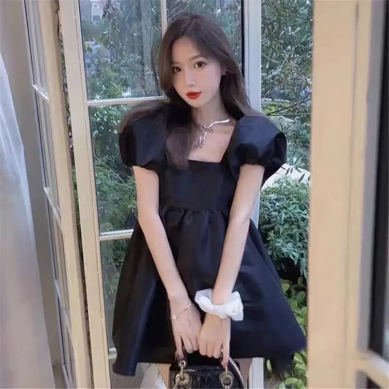 Mini robe de Rhà manches bouffantes pour femmes, robes de princesse noires douces, style français, t