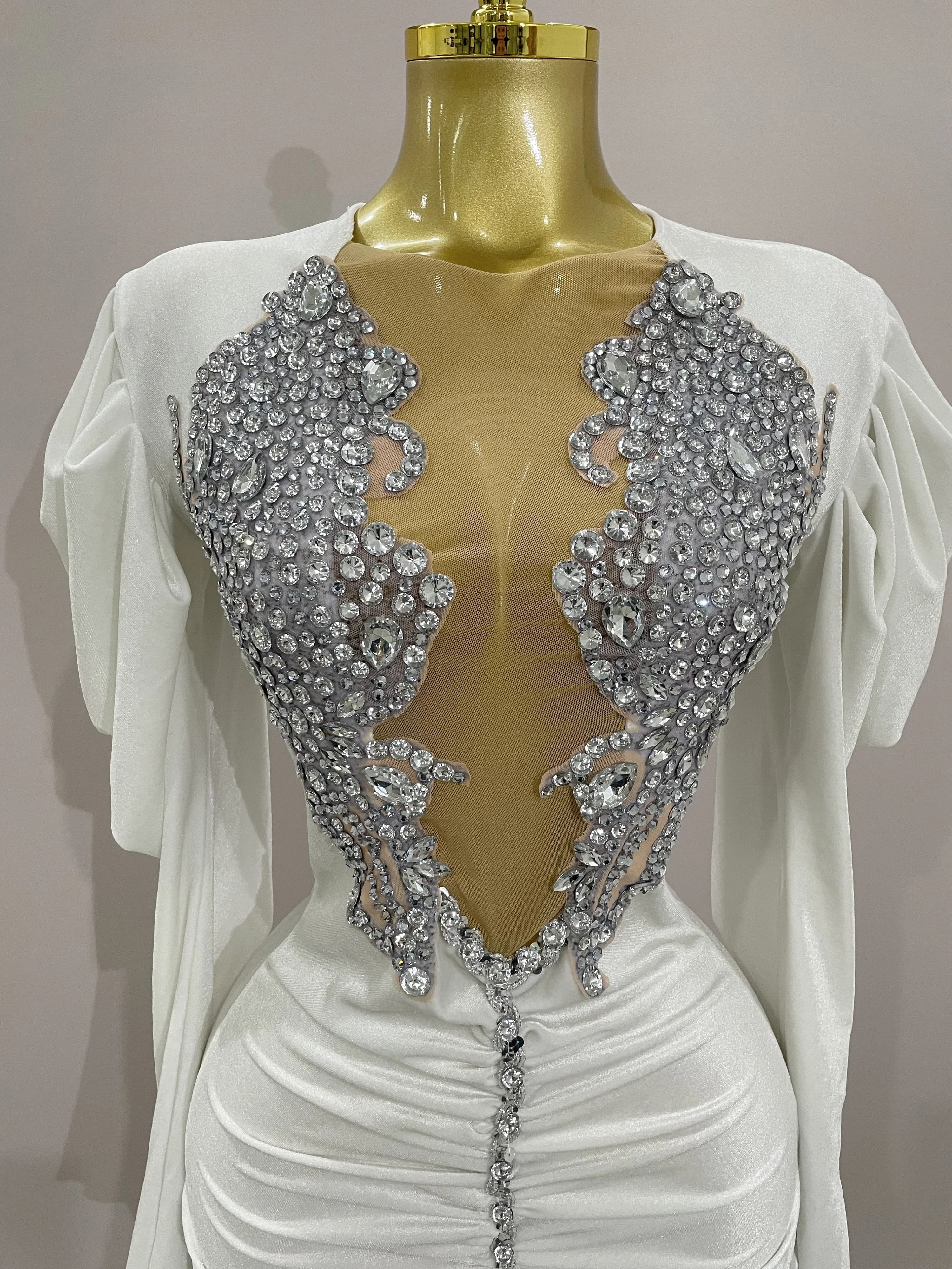 Robe courte de luxe en velours blanc pour femmes, cristaux scintillants, maille Sexy, élégante, robe
