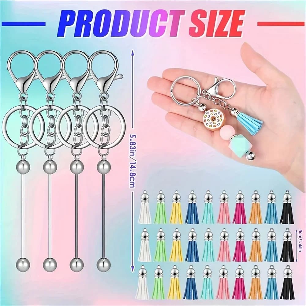 Porte-clés perlé, barres vierges, bandes colorées en cuir, pompon ample pour bricolage, pendentif, b