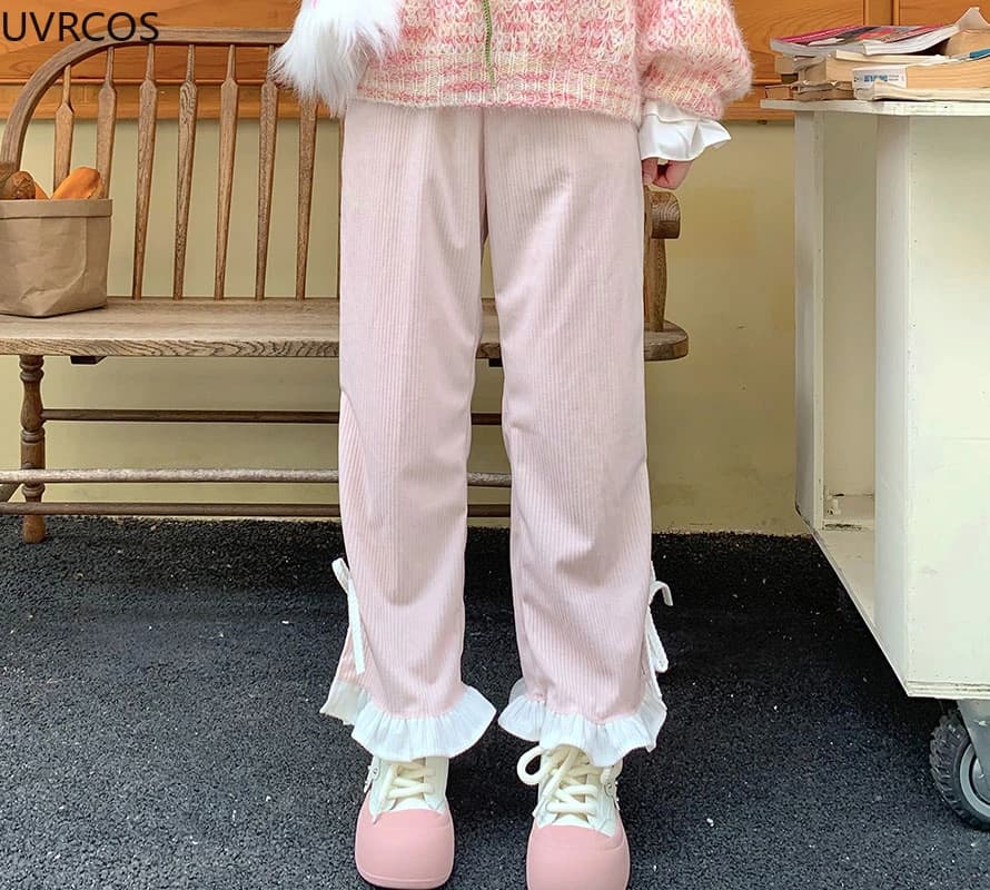 Pantalon en velours côtelé à nœud rose pour femme, style Sweet Lolita, volants Kawaii, bandage latér