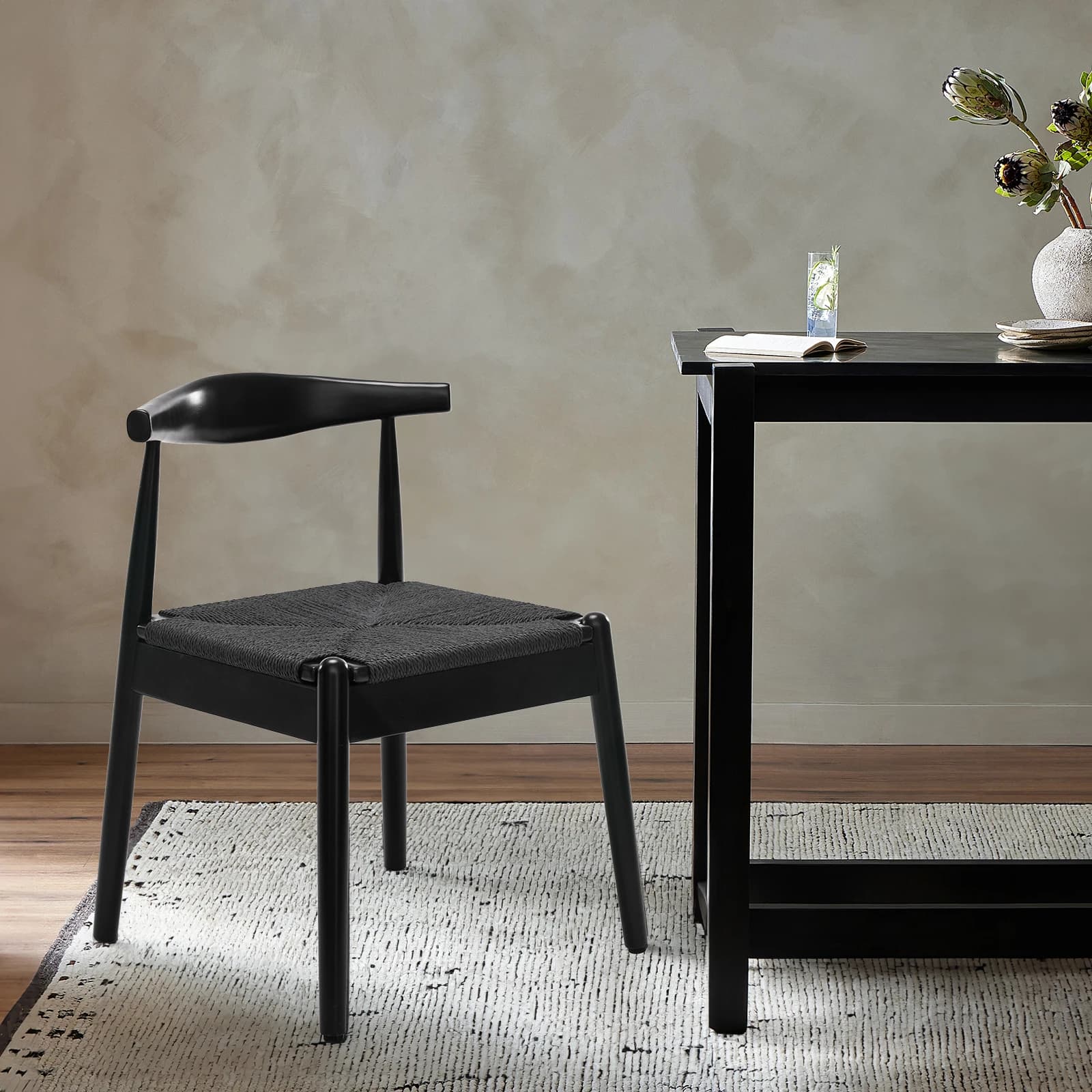 Ensemble de 2 chaises de salle à manger tissées, chaise de cuisine avec cadre en chêne massif et siè
