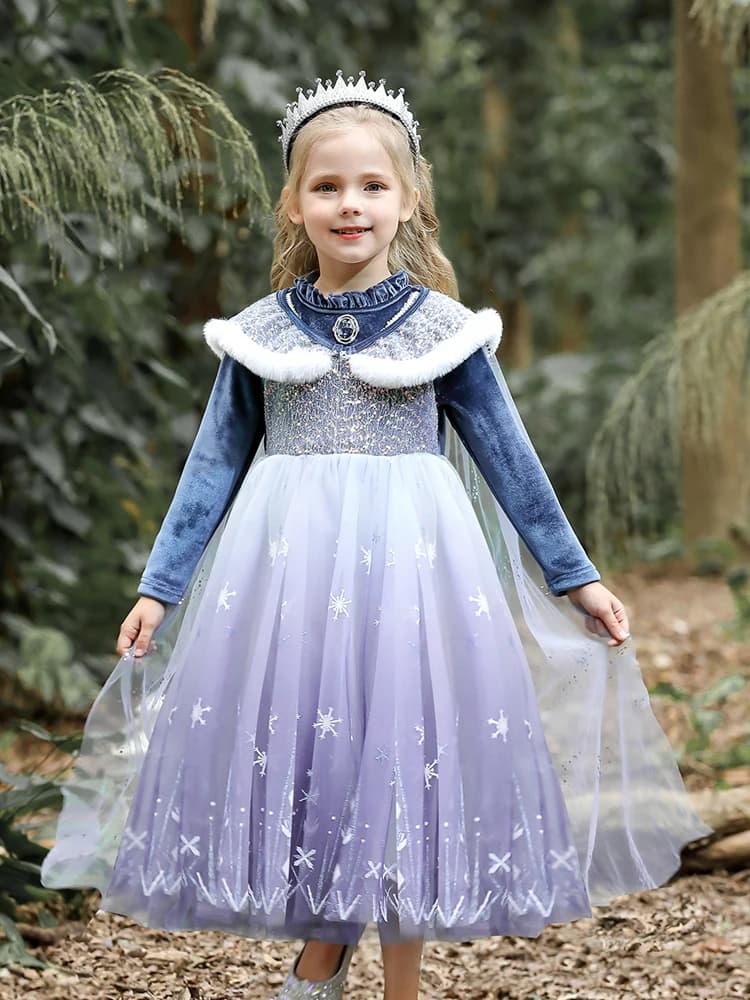 Robe de princesse Elsa la reine des neiges en velours pour filles, ensemble 2 pièces Cape bleue, rob