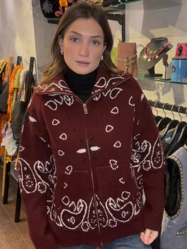 Cardigan en tricot Jacquard à col montant pour femme, ample, fermeture éclair, manches longues, poch