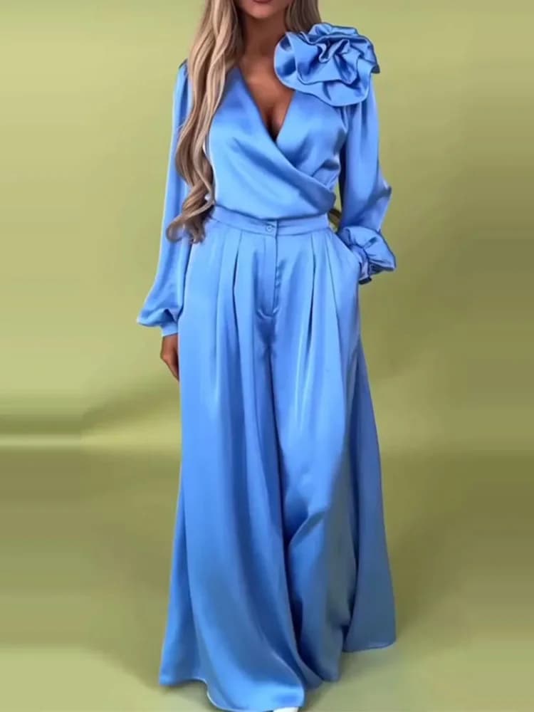 Ensemble deux pièces assorti pour femmes, décontracté, col en V, couleur unie, manches longues, jamb