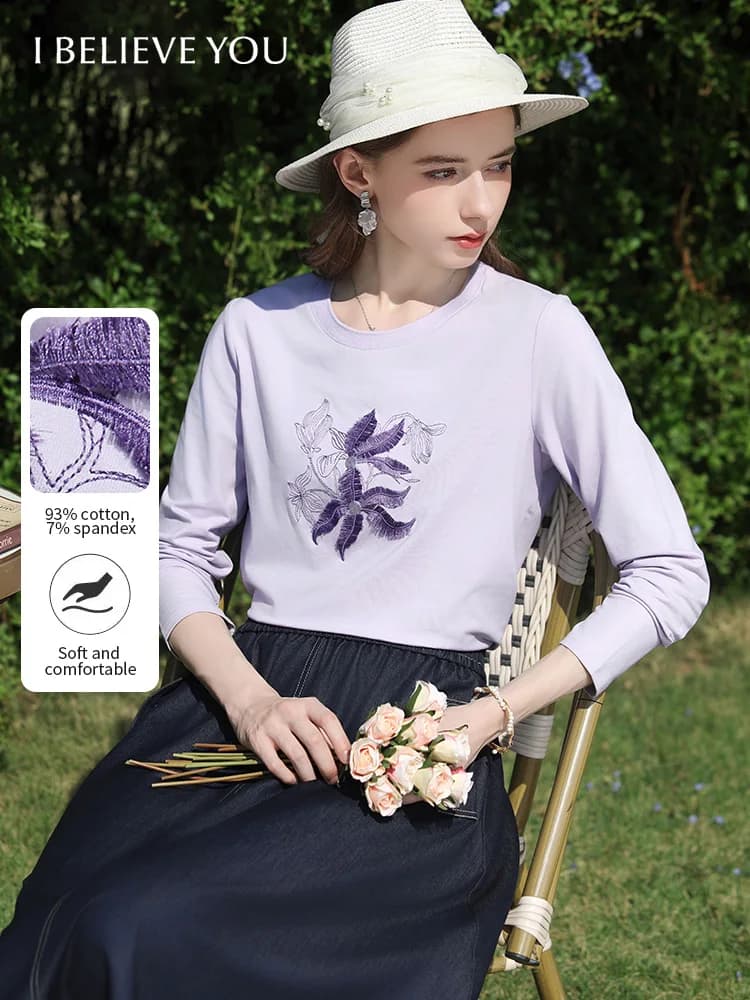 I BELIEVE YOU T-shirt à manches longues lilas pour femme, collection Printemps 2026, avec broderie f