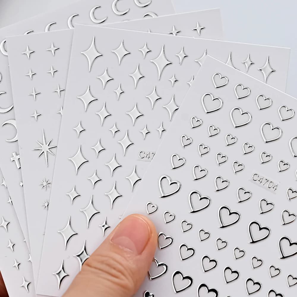 Autocollants pour ongles en métal argenté, 6 feuilles, étoiles métalliques 3D, autocollants pour Nai