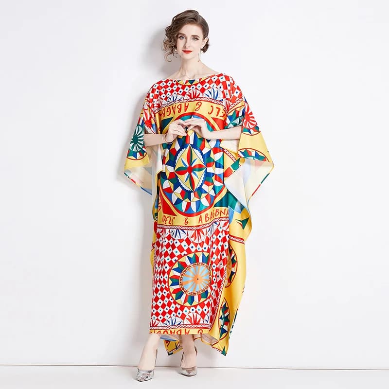 Robe bohème imprimée à motifs géométriques abstremberg pour femmes, robe maxi, col slash, manches ch