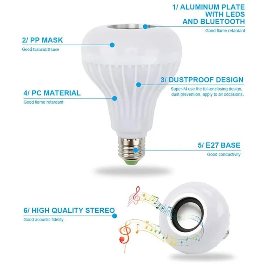 Ampoule de musique avec haut-parleur Bluetooth E27, 12W, télécommande RGB, 85-265V, pour chambre à c