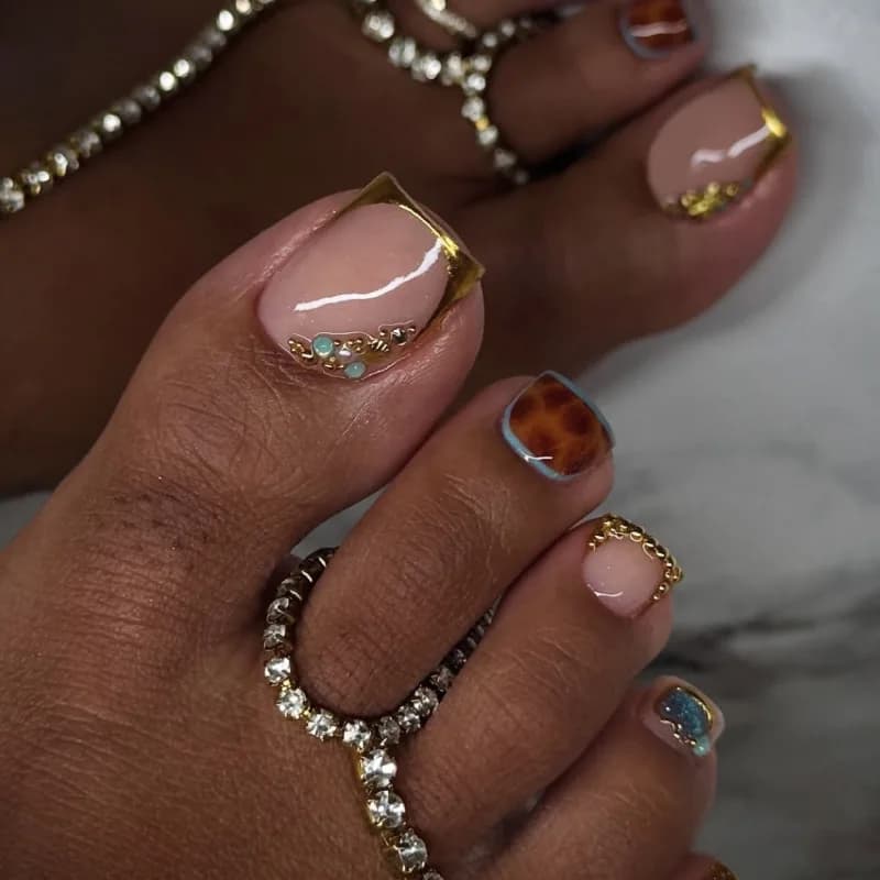 Faux ongles français pour orteils, avec cœur, Design strass, bord blanc, presse d'été sur les ongles