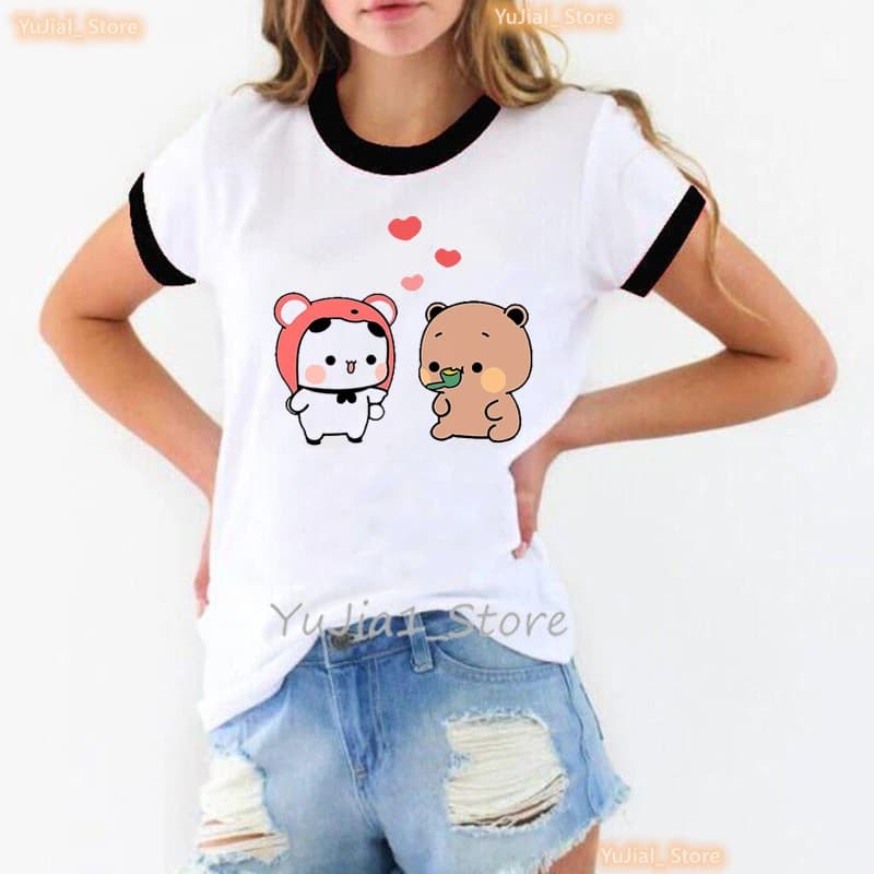 Kawaii Panda Bubu Dudu dessin animé imprimé T-Shirt filles Rose Bow Rose amour T-Shirt femmes Haraju