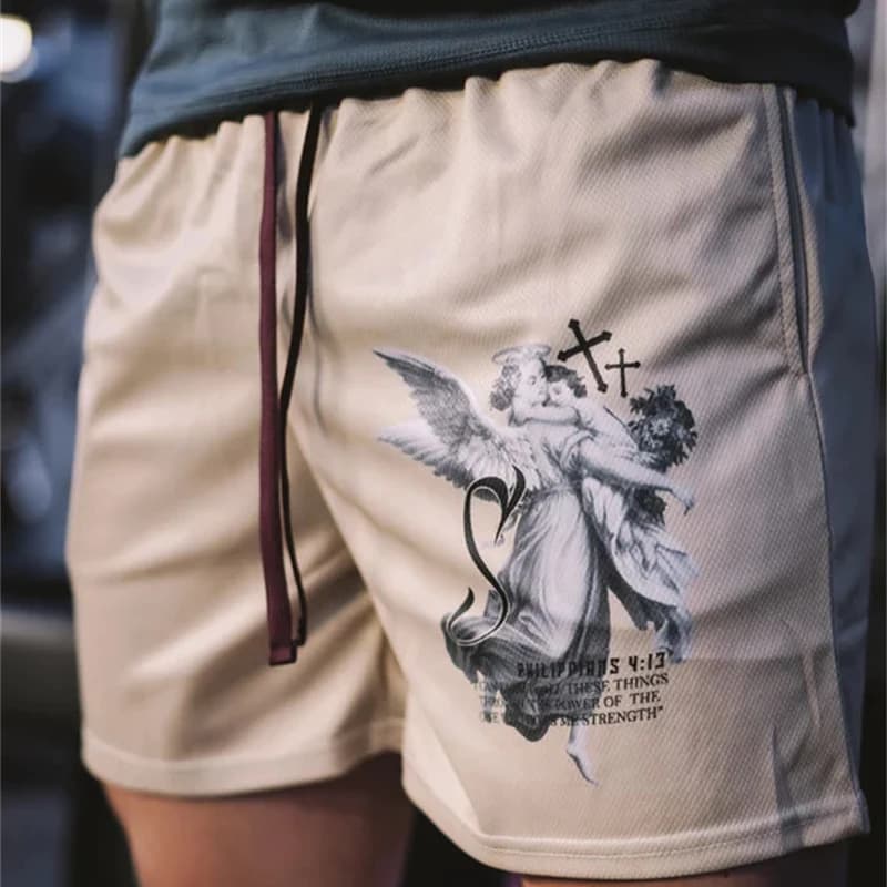 Y2K – short de sport imprimé croix d'ange chrétien pour hommes, survêtement actif avec poches, entra