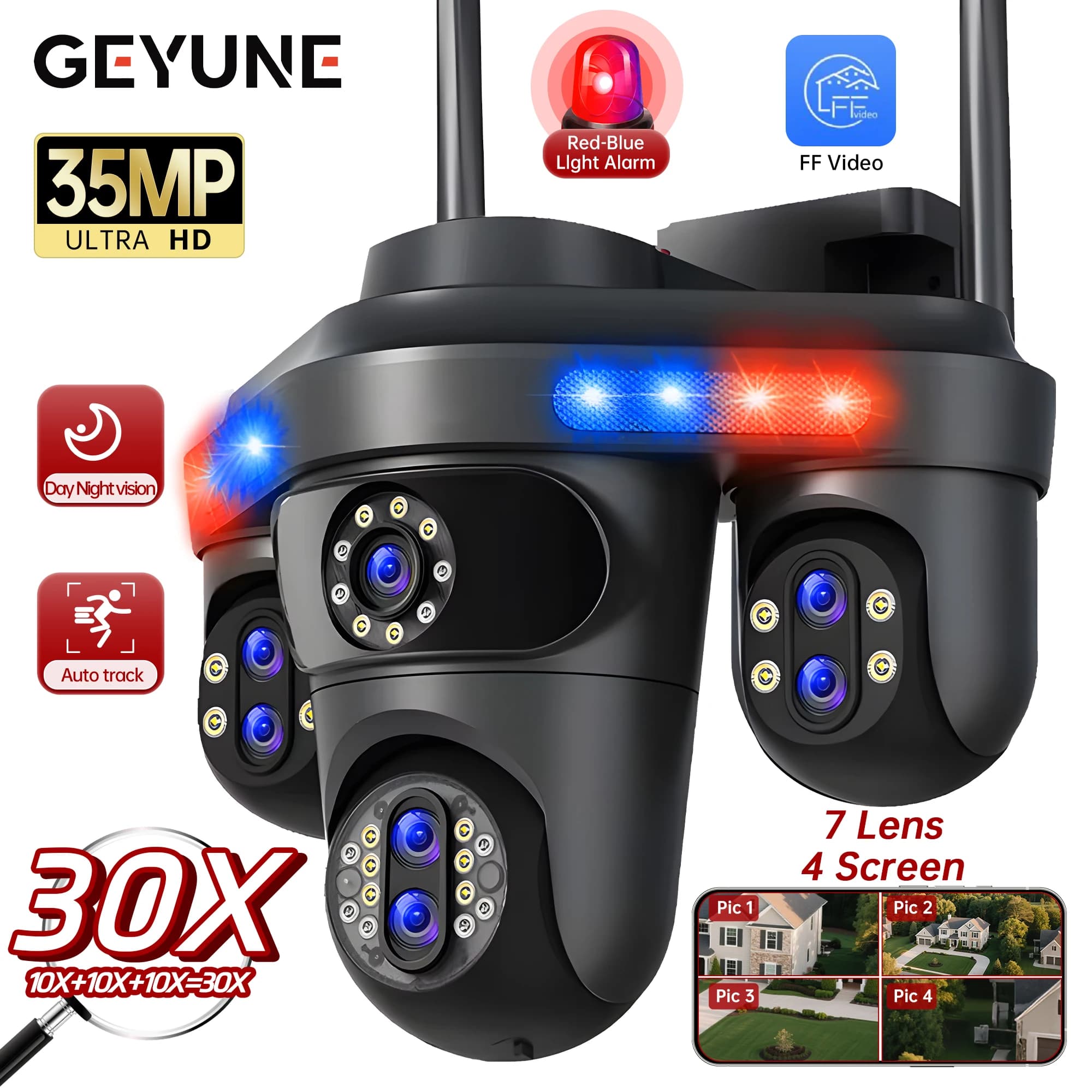 GEYUNE 35MP quatre écrans WiFi caméra de sécurité extérieure sept objectifs trois PTZ 10X Zoom numér
