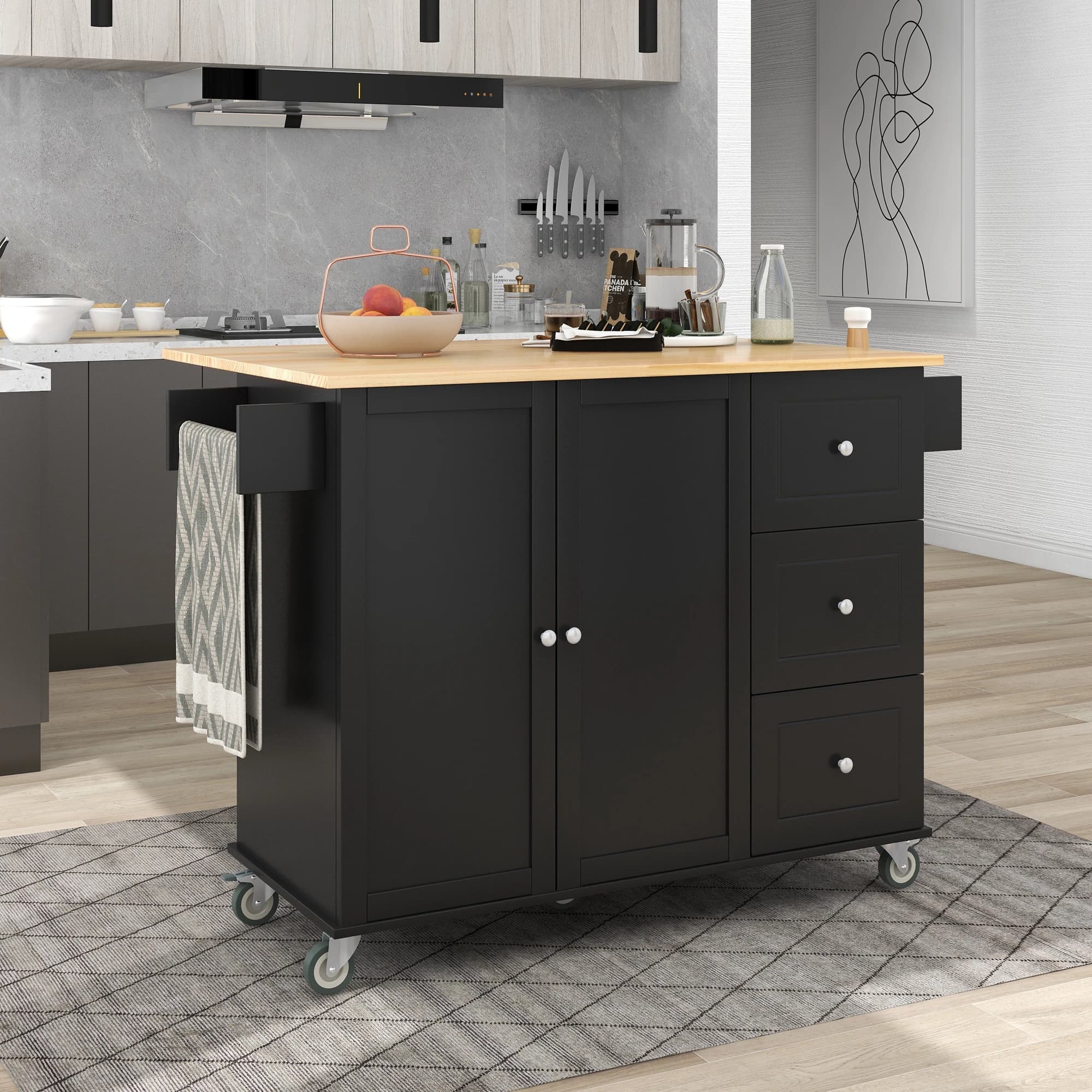 Îlot de cuisine mobile roulant avec plateau en bois massif et roues de verrouillage, armoire de rang