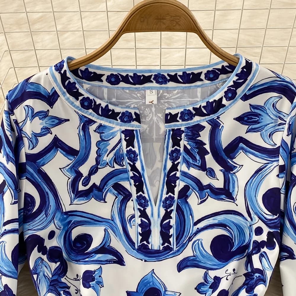 L'été Piste Bleu Et Blanc Porcelaine Lâche Longue Robe Femmes O-cou Manches Évasées Floral Inmprimé 
