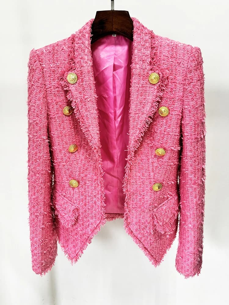 HIGH STREET Nouveauté 2026 FW Blazer en tweed pour femme, coupe ajustée, à franges et pompons, de cr