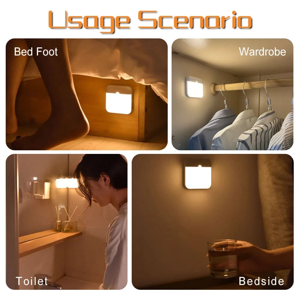 Lumière de capteur de mouvement Led USB TYPE-C charge lampe carrée pour chambre cuisine escalier cou
