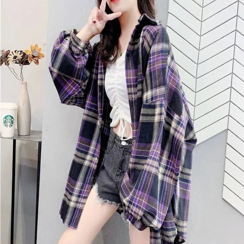 Tunique à manches longues pour femmes, chemises à carreaux, décontracté, 3XL, adt, vintage, Harajuku