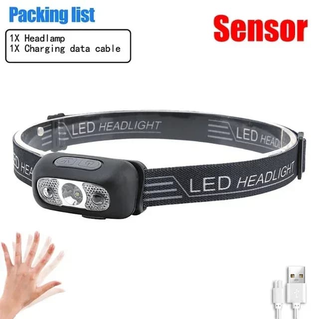 Lampe frontale puissante à LED portable avec capteur, rechargeable par USB, lampe torche frontale po