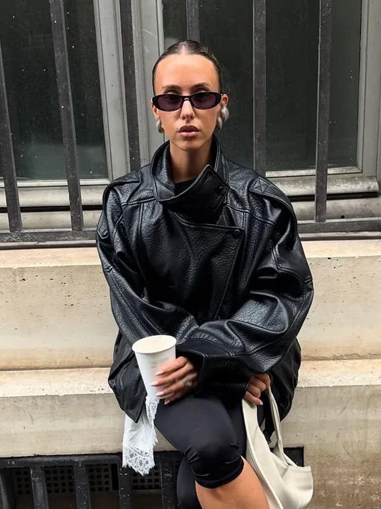 HH femmes automne élégant Style de rue manteaux femme asymétrique bouton poche manches longues noir 