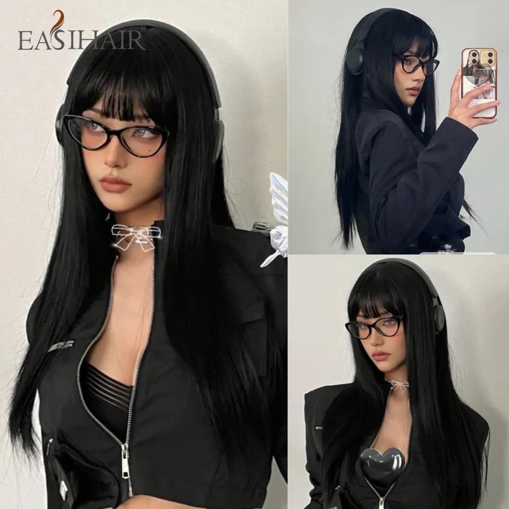 EASIHAIR – perruques synthétiques longues et lisses avec frange, perruques noires de fête Cosplay Lo