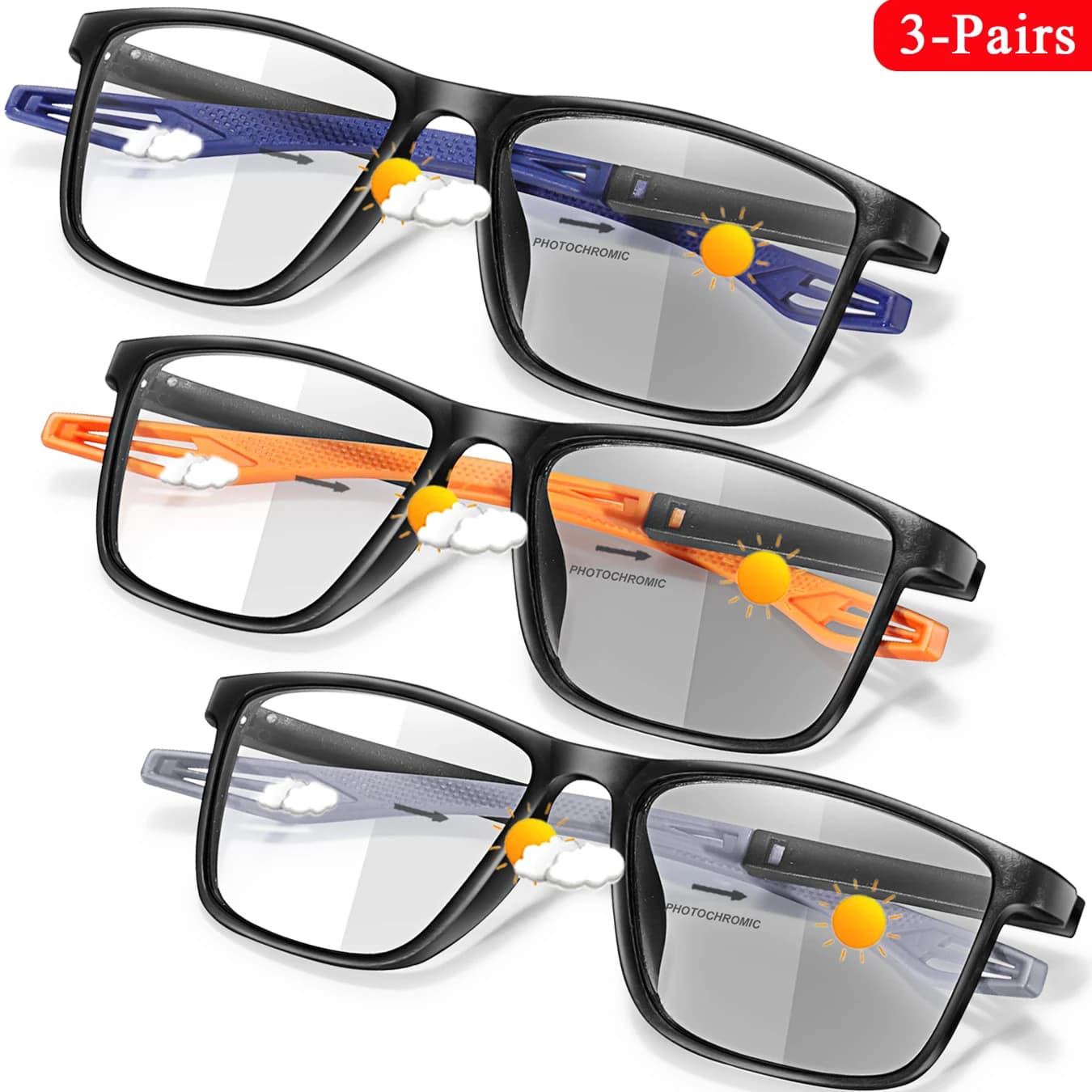 3 paires de lunettes de lecture photochromiques classiques carrées pour presbyte, Anti-lumière bleue