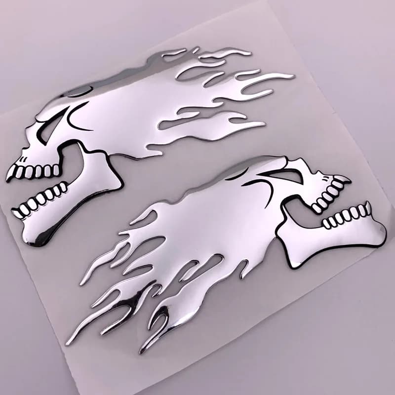 2 pièces/Piar argent 3D feu fantôme tête de crâne Auto ouragan Chrome placage moto autocollants