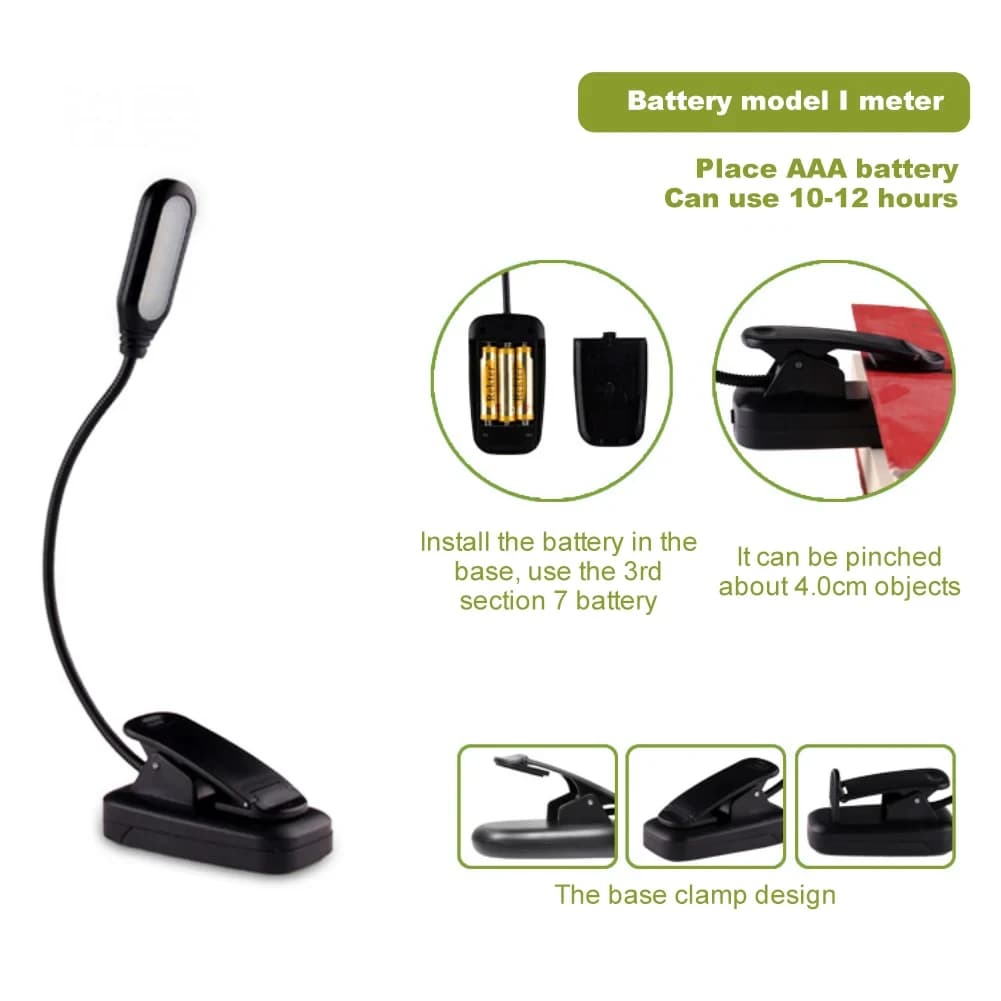 Lampe de bureau LED réglable à clipser, alimentée par batterie, Flexible, pour étude, lecture, livre