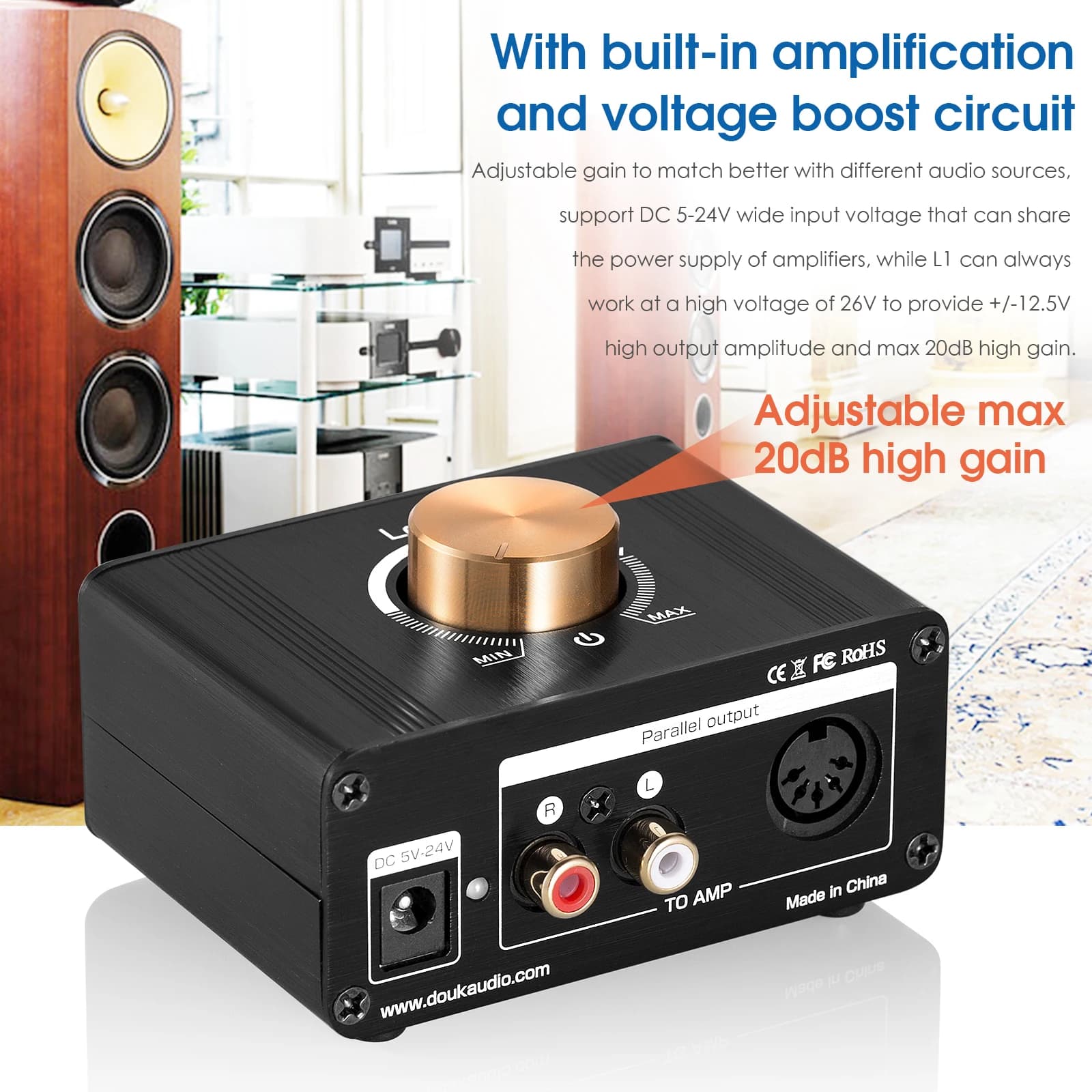 Nobsound-Préamplificateur de niveau de ligne stéréo HiFi, mini amplificateur de signal audio, 20dB, 