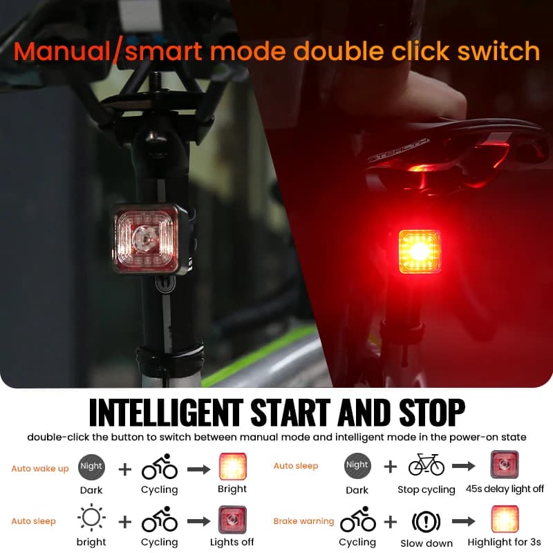 WT06 feu stop de vélo intelligent feu arrière 120 Lumen IP66 étanche phare et feu arrière ensembles 
