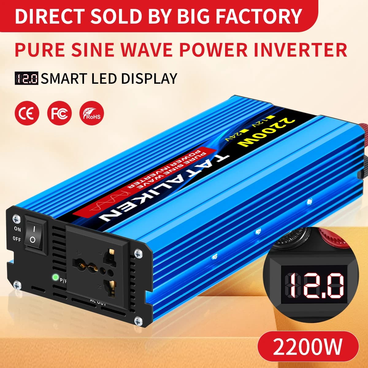 Convertisseur d'ondes sinusoïdales pures 1000W-4000W DC 12V et 24V vers AC 220V 50Hz, chargeur, adap