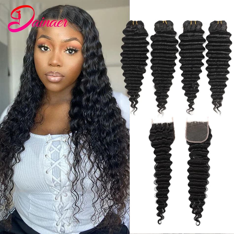 Tissage en Lot Brésilien Naturel Deep Wave avec Closure, 4x4