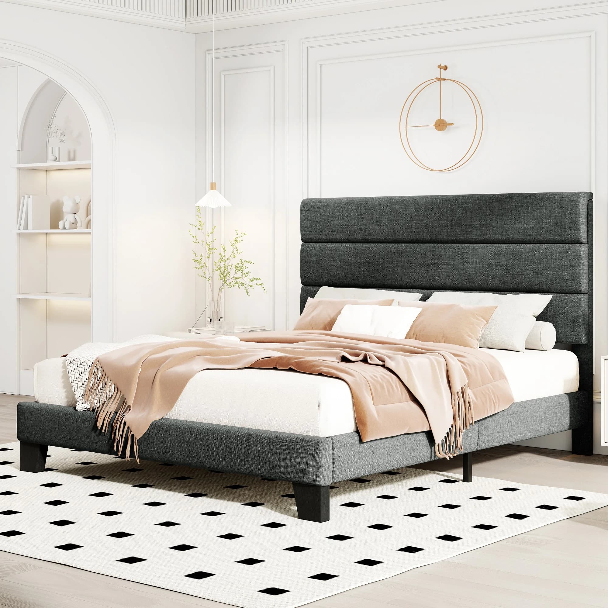 HOOMIC Cadre de lit avec tête de lit, lit plateforme en tissu, lattes en bois solides, panneau de su