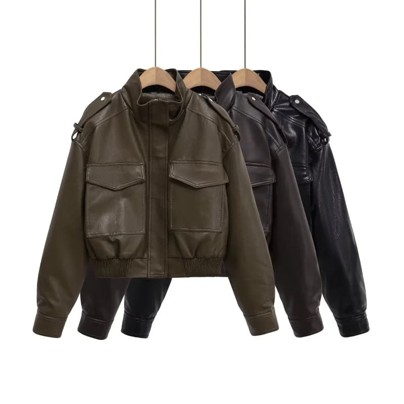 ETJ 2025 Nouvelle collection femme : veste courte moto col montant Y2K grande poche veste en simili 