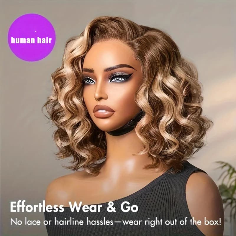 Perruque Bob Ombrée Cheveux Humains 4/27 Mèches Blond Miel Ondulées Profondes Perruques Bob Lace Fro