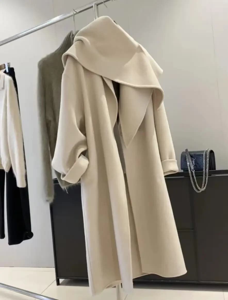 Manteau en laine mélangée à revers pour femme, 72 % laine, avec écharpe, nouvelle collection 2026, q