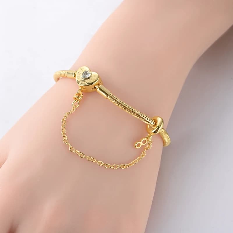 Bracelet cœur d'amour en or 17-20 cm, charme en argent sterling 925, bracelet de famille éternel, br